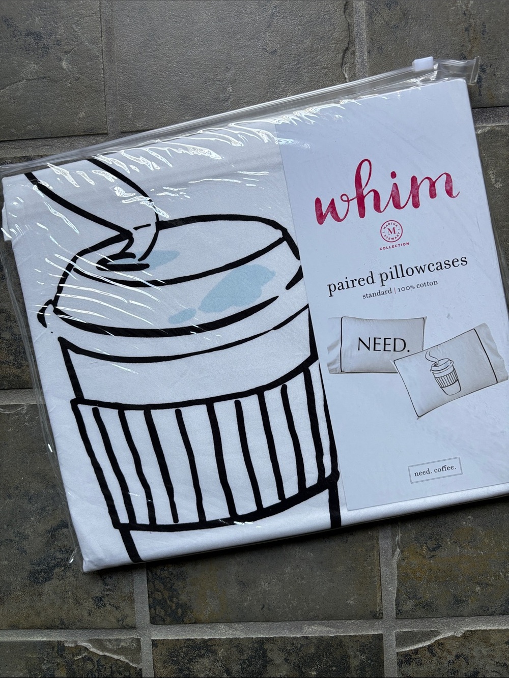 Retro Martha Stewart WHIM Paired Pillowcases NEED COFFEE NWT 100% cotton